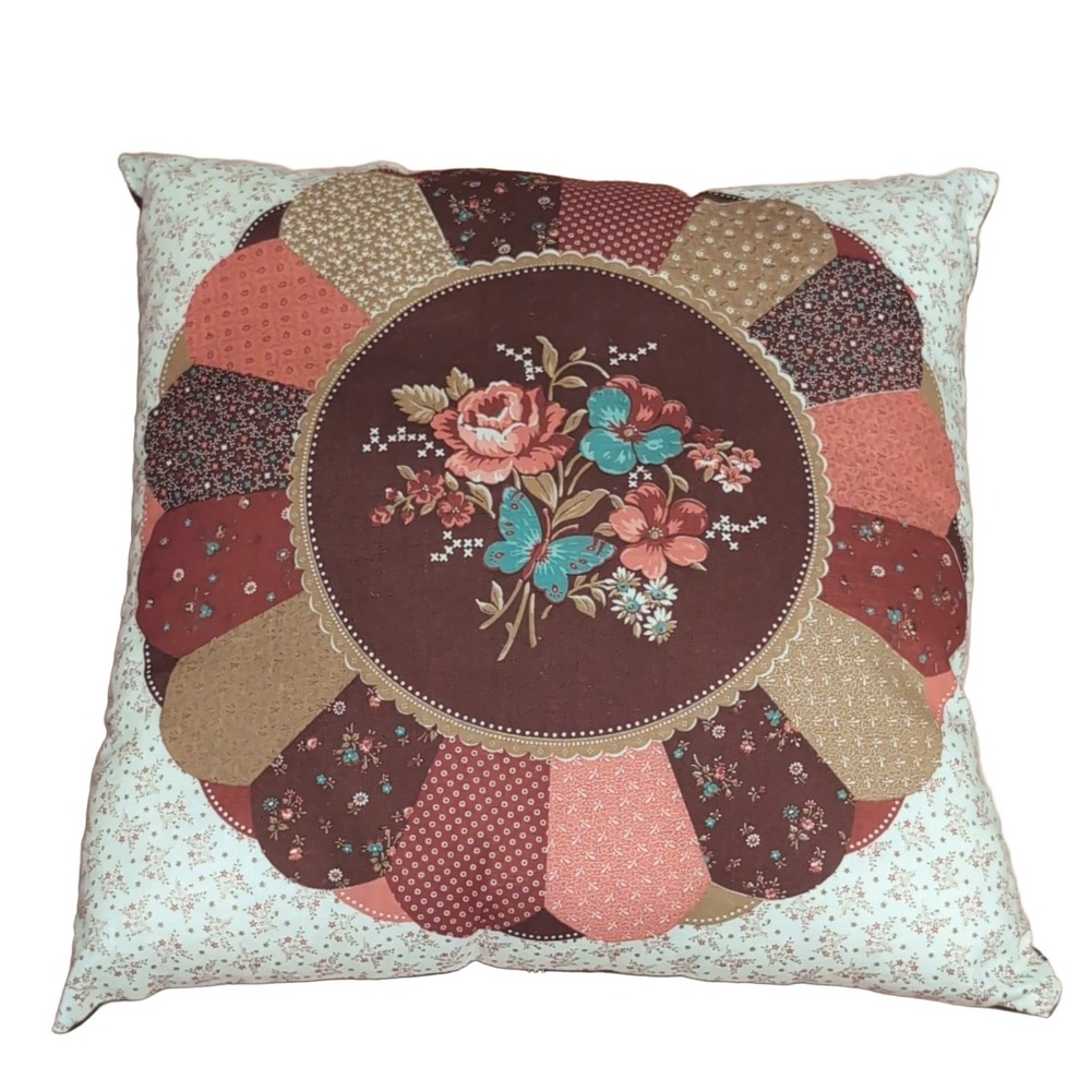 Patchwork Floral Butterfly Throw Pillow 13" Reversible Square Brown Pink Teal